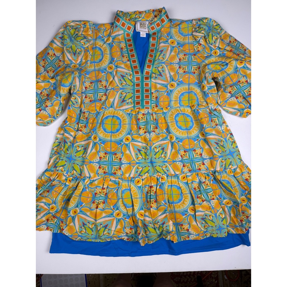 Emily McCarthy Poppy Dress Orange Blue Tiered Mini Puff Sleeve Womens L